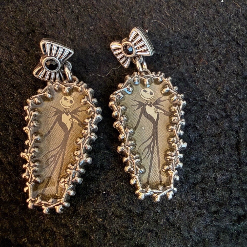 Disney Silver-Tone Coffin Drop Earrings with Black Jack Skellington Motif